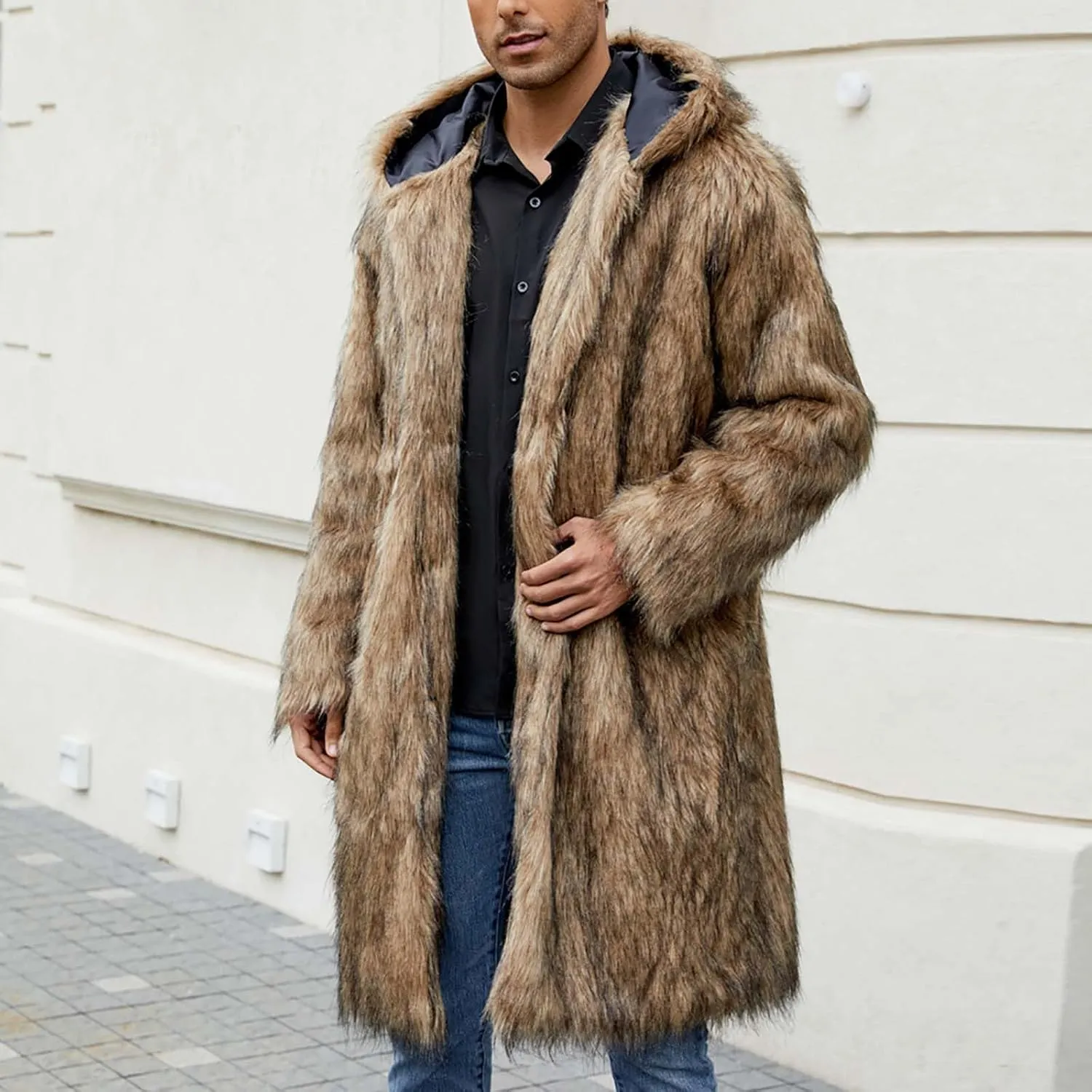 Men's Faux Fur Coat Long Open Front Cardigan Winter Fuzzy Fleece Jacket Warm Overcoat Turn Down Collar Coat