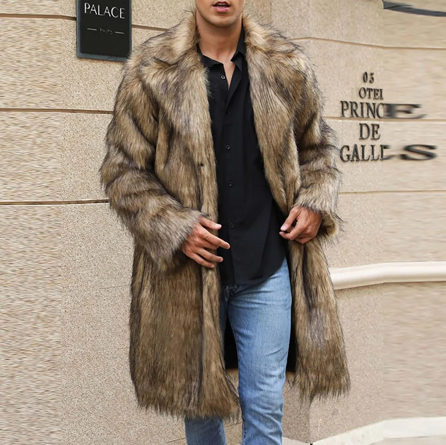 Men's Faux Fur Coat Long Open Front Cardigan Winter Fuzzy Fleece Jacket Warm Overcoat Turn Down Collar Coat