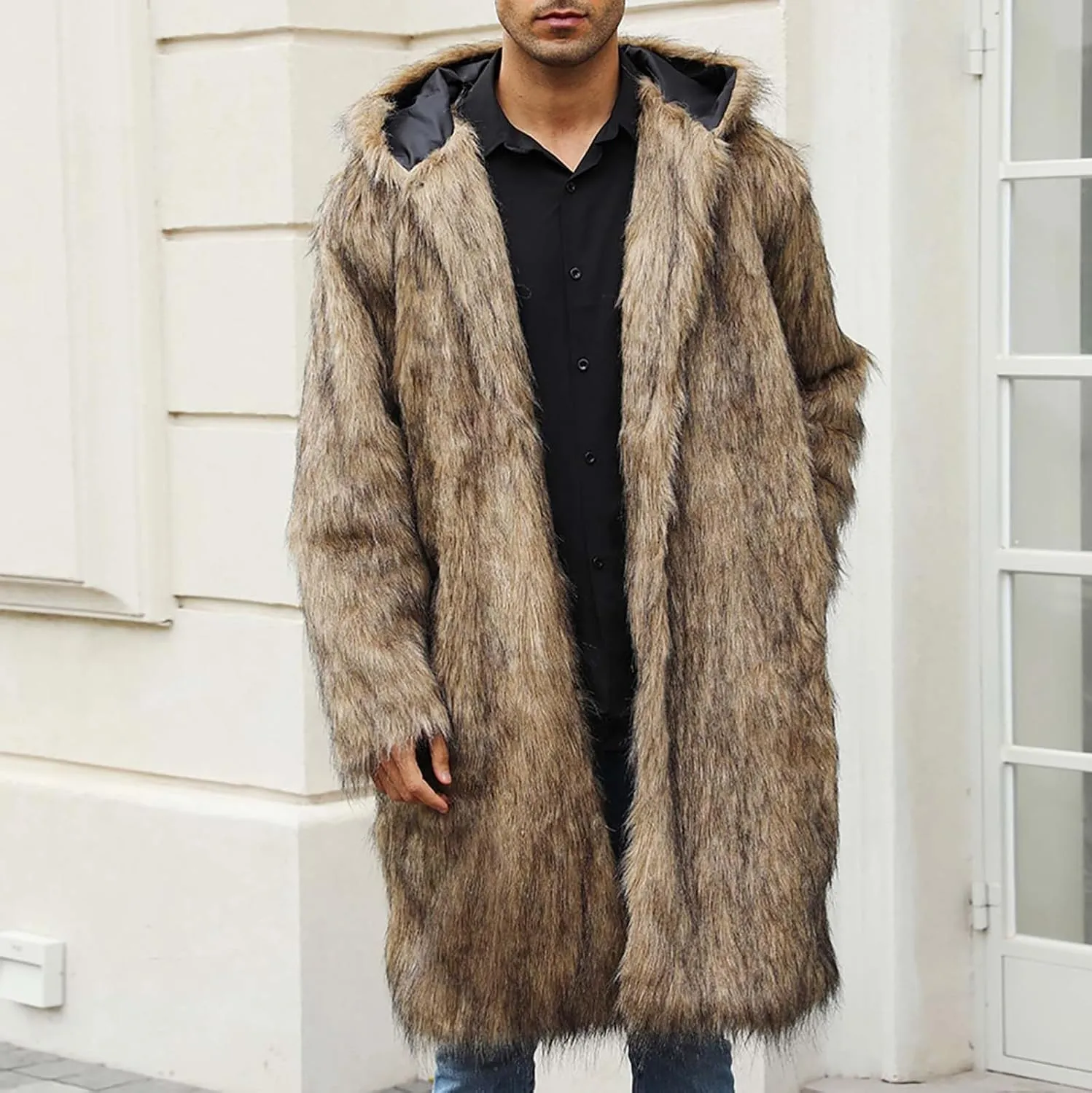 Men's Faux Fur Coat Long Open Front Cardigan Winter Fuzzy Fleece Jacket Warm Overcoat Turn Down Collar Coat