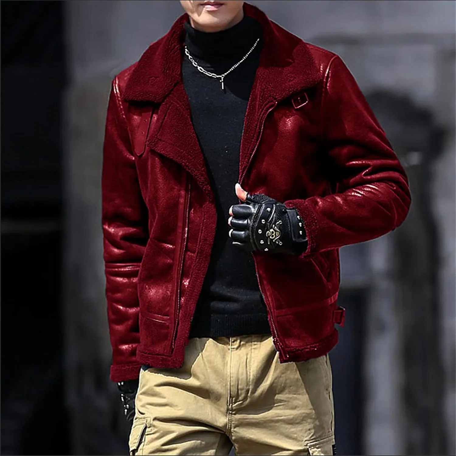 Men's Faux Leather Bomber Jacket Fleece Lined Motorcycle Jacket Waterproof Windproof Suede Moto Vintage Jackets Men