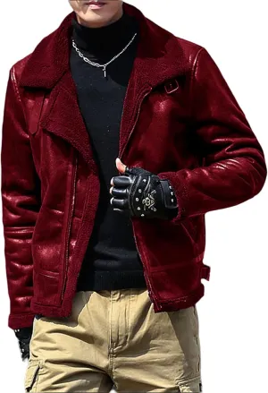 Men's Faux Leather Bomber Jacket Fleece Lined Motorcycle Jacket Waterproof Windproof Suede Moto Vintage Jackets Men