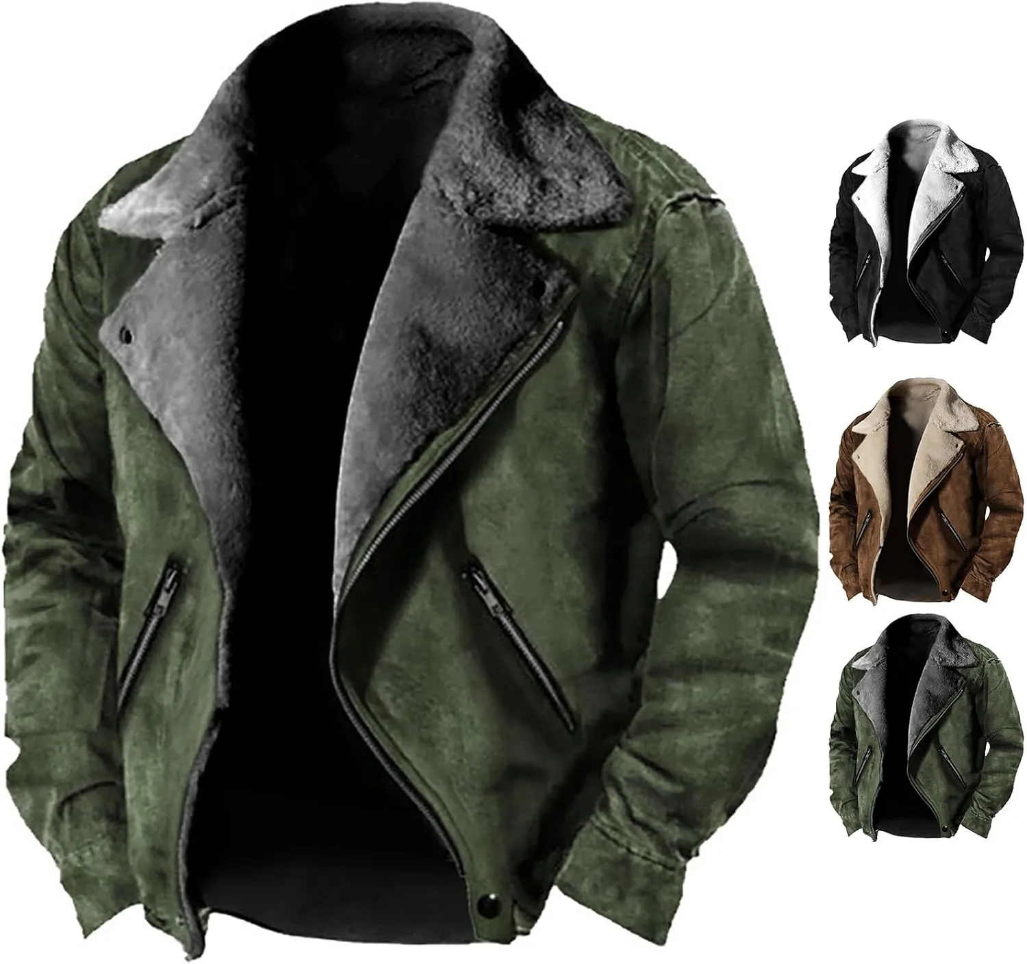 Men's Fleece Jacket Suede Faux Fur Collar Jacket Sherpa Lined Lapel Coat Heavyweight Leisure Winter Coat Outwear
