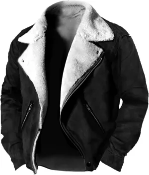 Men's Fleece Jacket Suede Faux Fur Collar Jacket Sherpa Lined Lapel Coat Heavyweight Leisure Winter Coat Outwear