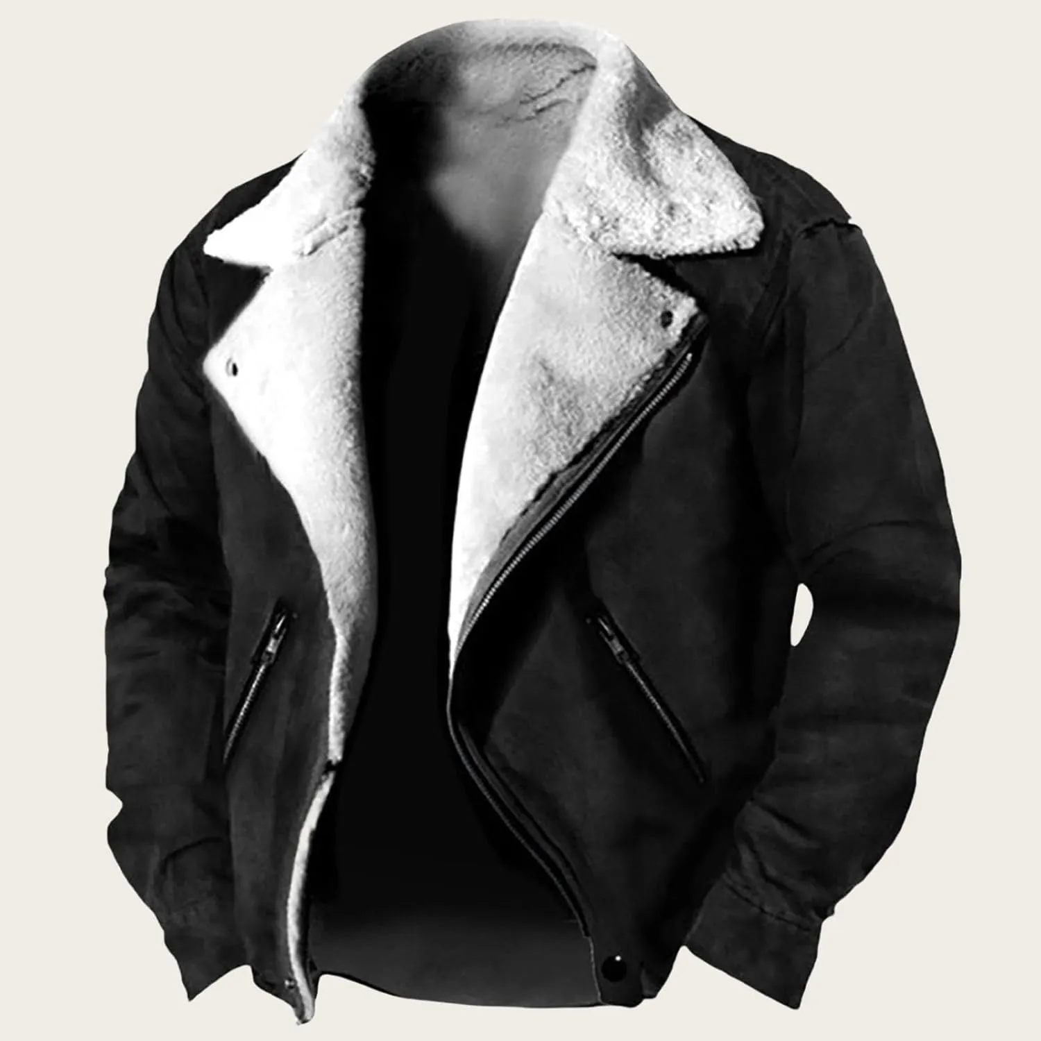 Men's Fleece Jacket Suede Faux Fur Collar Jacket Sherpa Lined Lapel Coat Heavyweight Leisure Winter Coat Outwear