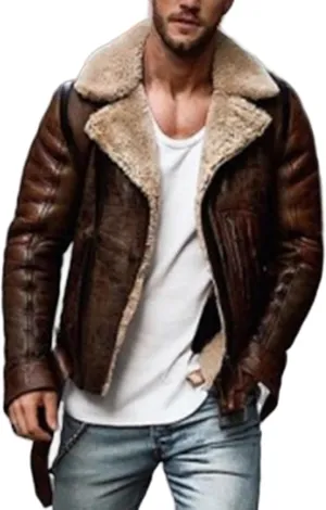 Mens Fur Coat Fleece Sherpa Lined Warm Winter Coats Suede Leather Flight Bomber Jacket Overcoat with Faux Fur Collar