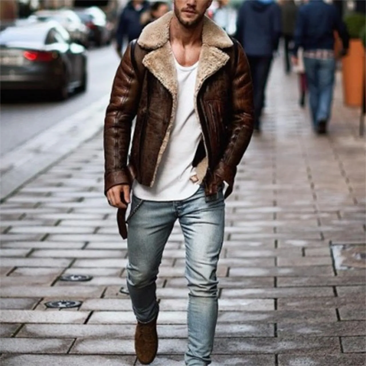 Mens Fur Coat Fleece Sherpa Lined Warm Winter Coats Suede Leather Flight Bomber Jacket Overcoat with Faux Fur Collar
