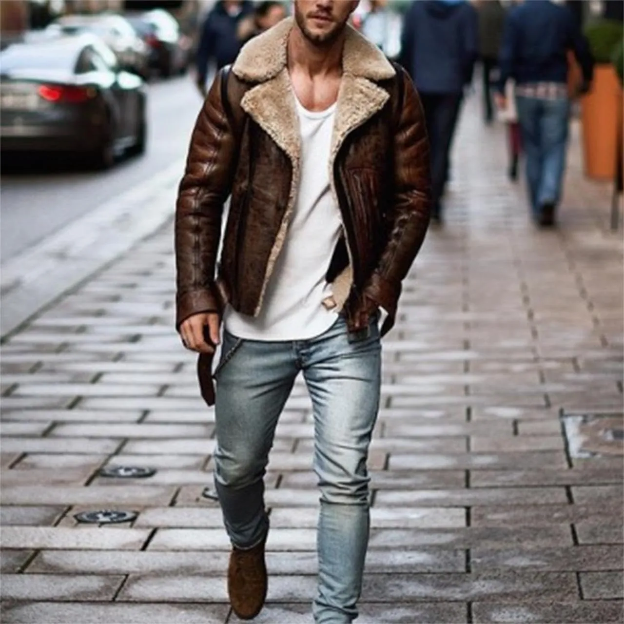 Mens Fur Coat Fleece Sherpa Lined Warm Winter Coats Suede Leather Flight Bomber Jacket Overcoat with Faux Fur Collar