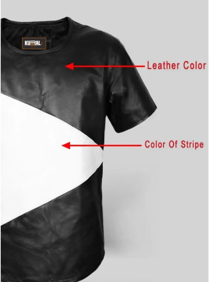 Men's Genuine Leather T-Shirt, Classic Crew Neck Biker Leather Tee, Motorcycle Jacket Shirt Men