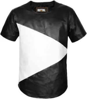 Men's Genuine Leather T-Shirt, Classic Crew Neck Biker Leather Tee, Motorcycle Jacket Shirt Men