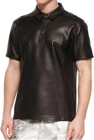 Men's Genuine Leather T-Shirt, Classic Crew Neck Biker Leather Tee, Motorcycle Jacket Shirt Men