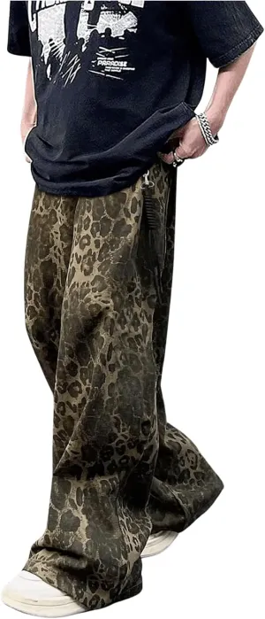 Men's Leopard Pants Baggy Y2K Cheetah Wide Leg Streetwear Trousers Pants
