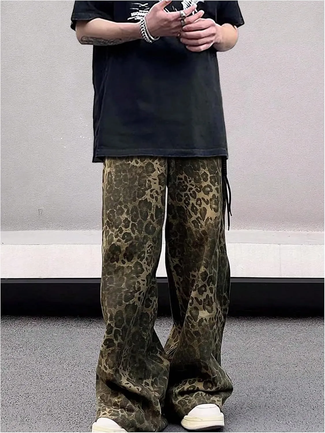 Men's Leopard Pants Baggy Y2K Cheetah Wide Leg Streetwear Trousers Pants