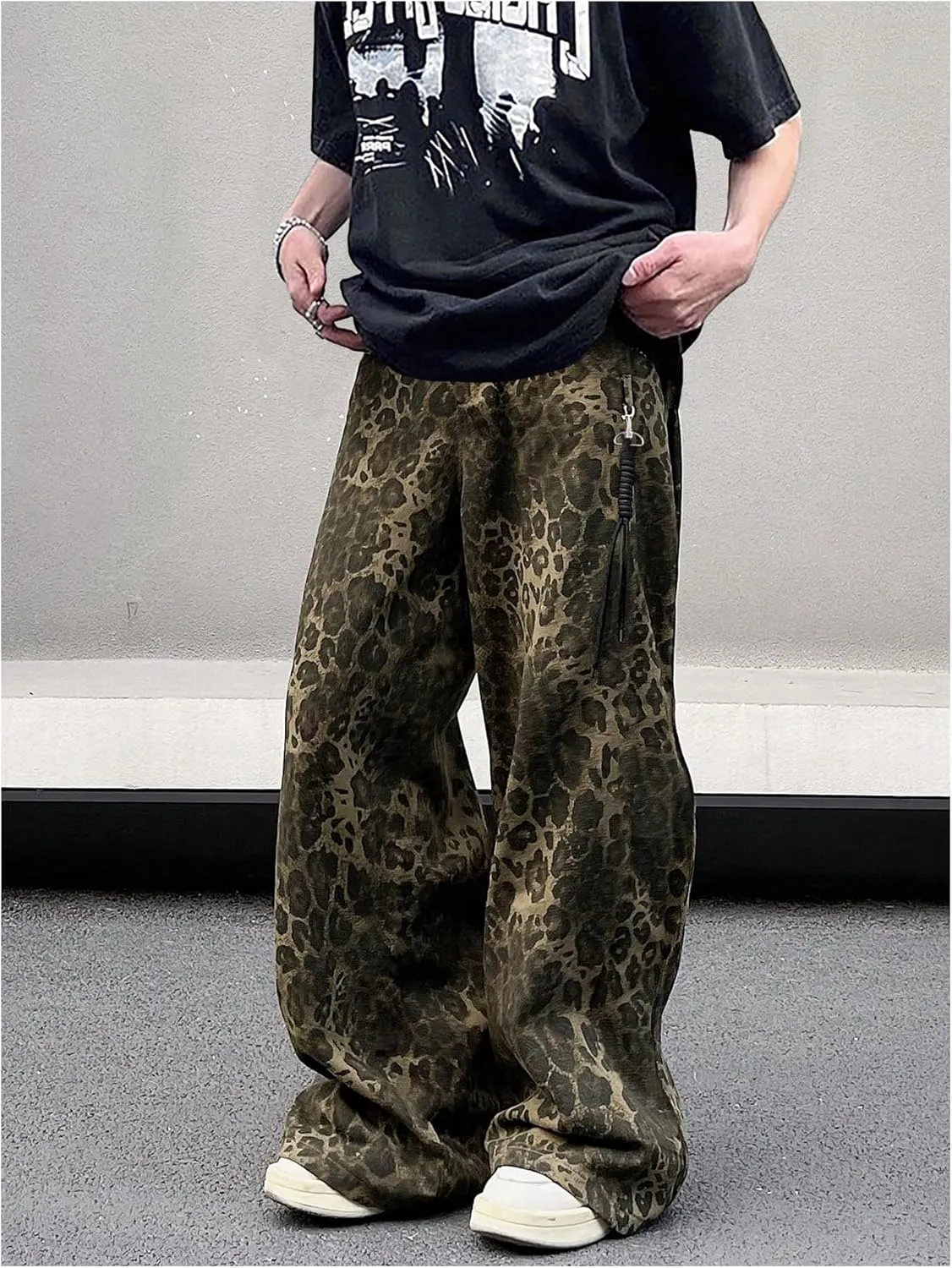 Men's Leopard Pants Baggy Y2K Cheetah Wide Leg Streetwear Trousers Pants