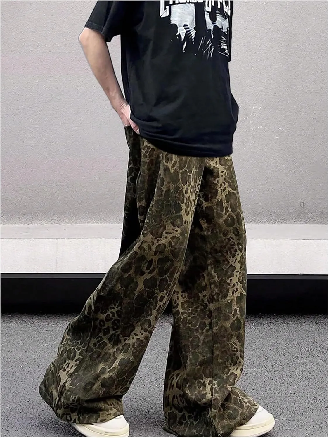 Men's Leopard Pants Baggy Y2K Cheetah Wide Leg Streetwear Trousers Pants