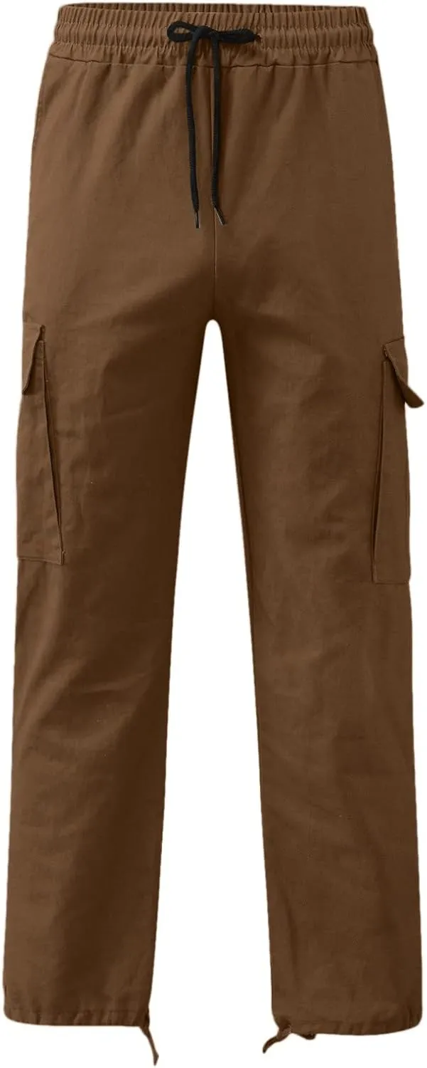Men's Lightweight Fleece Cargo Sweatpants Baggy Elastic Waist Drawstring Pants Pockets Running Joggers Trousers