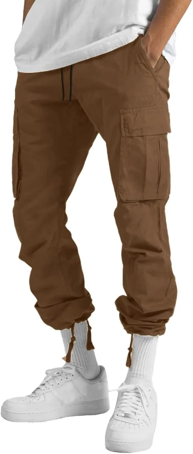 Men's Lightweight Fleece Cargo Sweatpants Baggy Elastic Waist Drawstring Pants Pockets Running Joggers Trousers