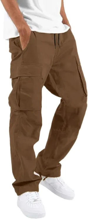 Men's Lightweight Fleece Cargo Sweatpants Baggy Elastic Waist Drawstring Pants Pockets Running Joggers Trousers