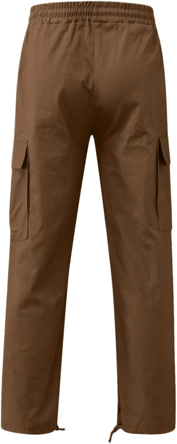 Men's Lightweight Fleece Cargo Sweatpants Baggy Elastic Waist Drawstring Pants Pockets Running Joggers Trousers