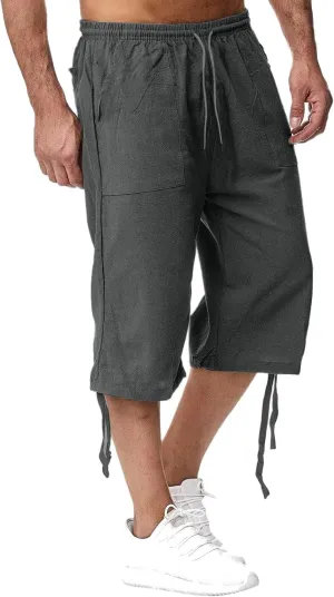 Mens Linen Below Knee Length 3/4 Drawstring Soft Casual Summer Sport Running Lounge Work Capri Shorts Pant