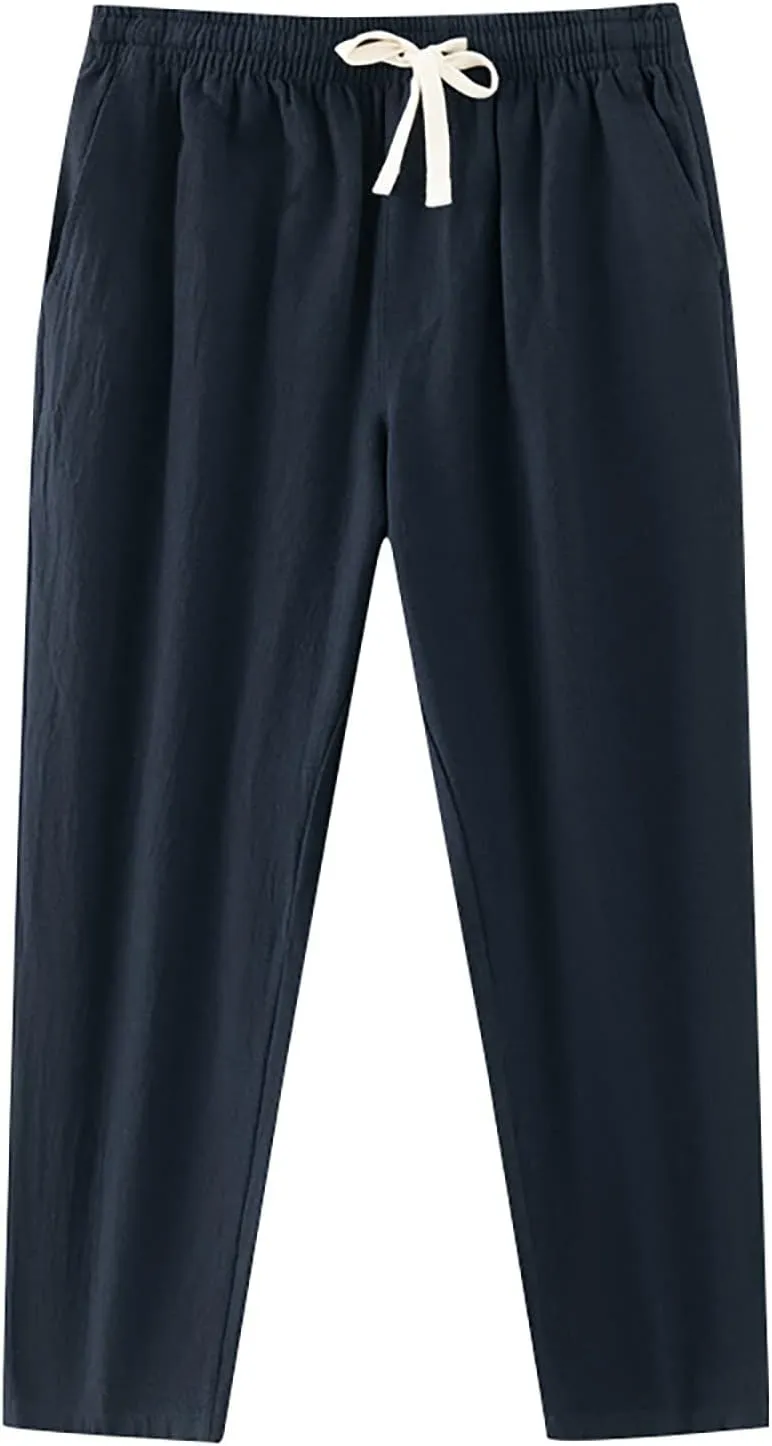 Mens Linen Pants Beach Tall Summer Elastic Waist Drawstring Beach Athletic Pants for Workout, Jogging, Running