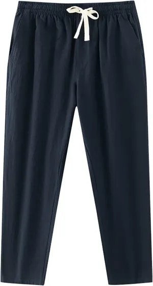 Mens Linen Pants Beach Tall Summer Elastic Waist Drawstring Beach Athletic Pants for Workout, Jogging, Running