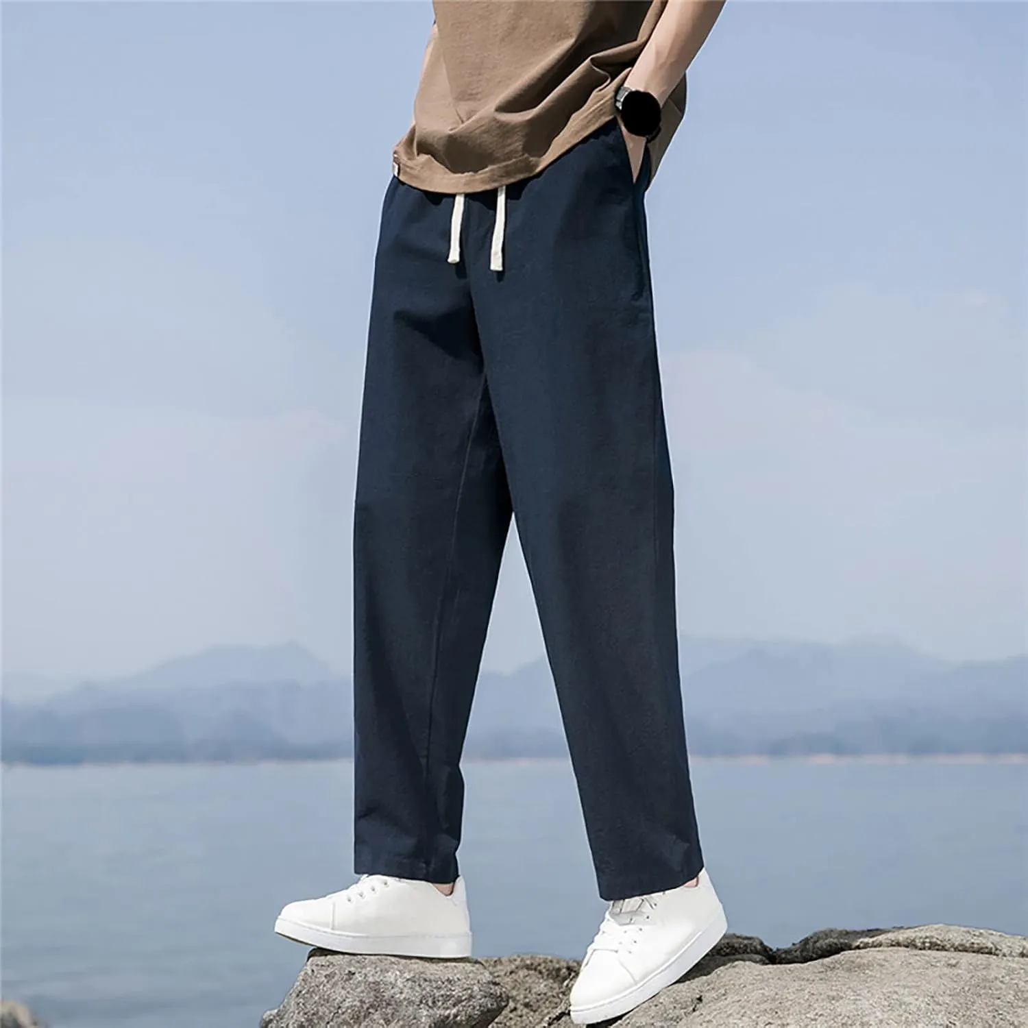 Mens Linen Pants Beach Tall Summer Elastic Waist Drawstring Beach Athletic Pants for Workout, Jogging, Running