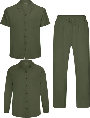 Men's Linen Sets Outfits: 3 Piece Beach Button Down Shirts Casual Loose Pants Short Sleeve Walking Suits