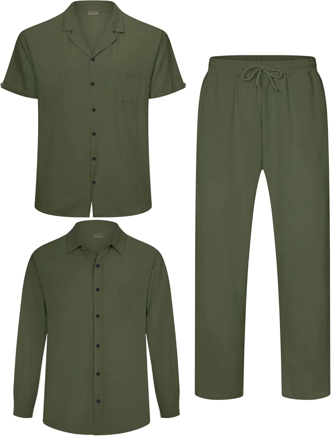 Men's Linen Sets Outfits: 3 Piece Beach Button Down Shirts Casual Loose Pants Short Sleeve Walking Suits