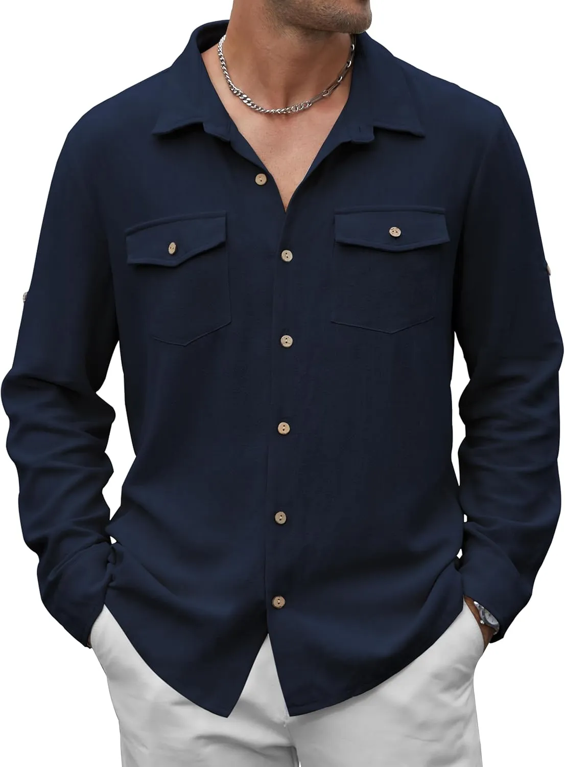 Men's Long Sleeve Button Down Linen Shirt Casual Solid Untucked Roll-Up Sleeve Beach Shirts Wedding Shirts with Pocket