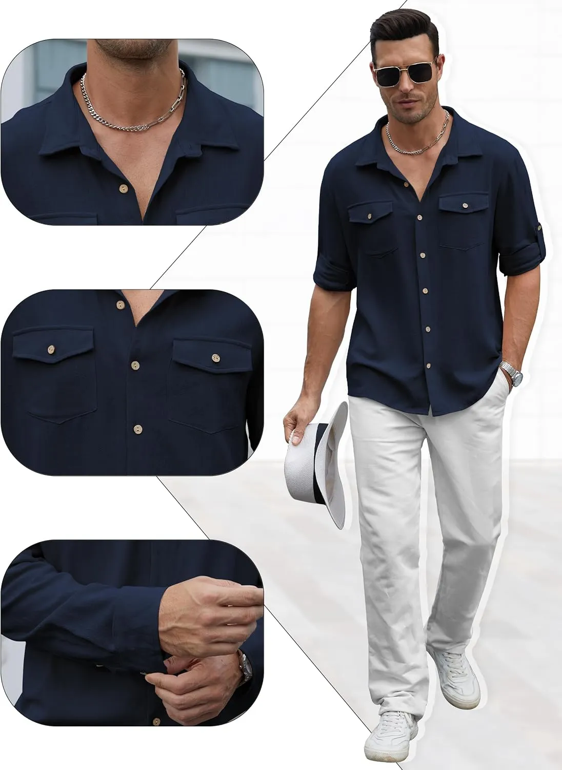 Men's Long Sleeve Button Down Linen Shirt Casual Solid Untucked Roll-Up Sleeve Beach Shirts Wedding Shirts with Pocket