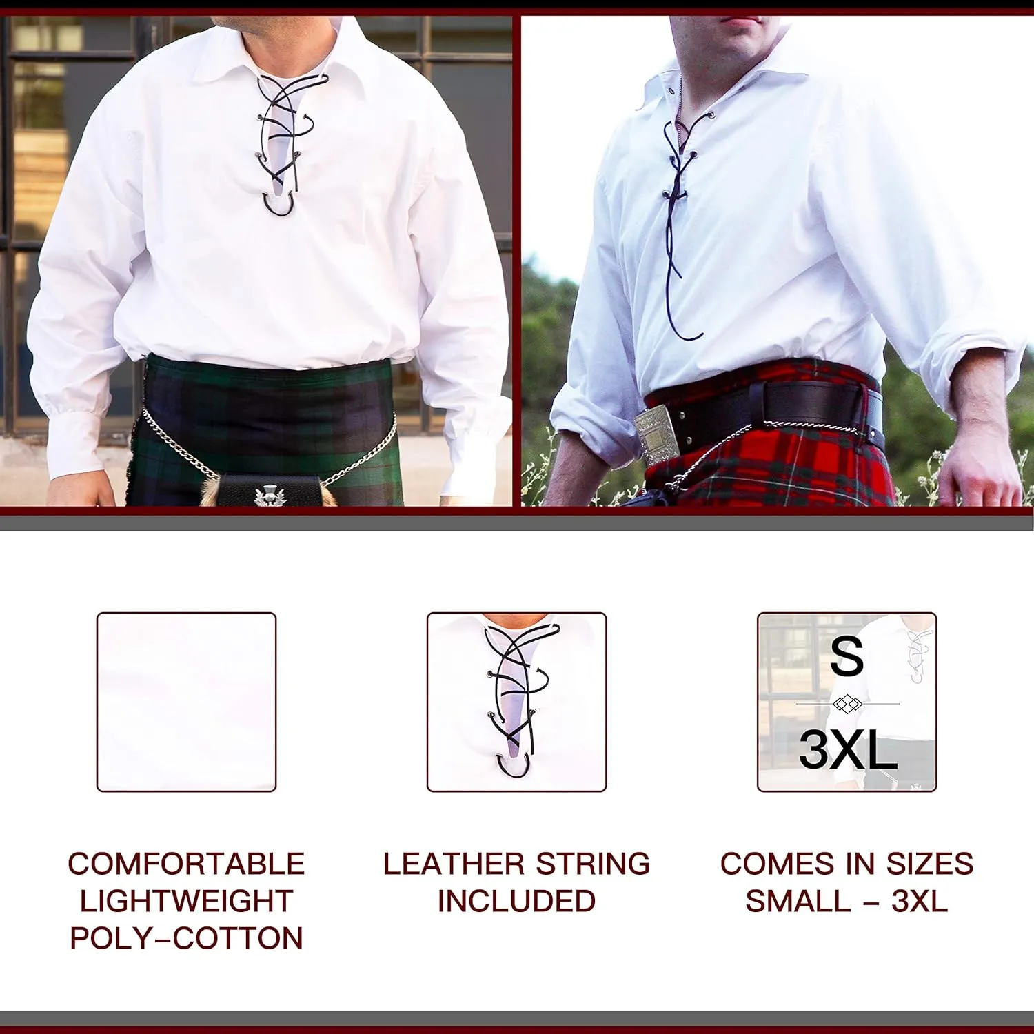 Mens Long Sleeve Shirt, Jacobite Ghillie Shirt for Kilts, w/Leather Tie