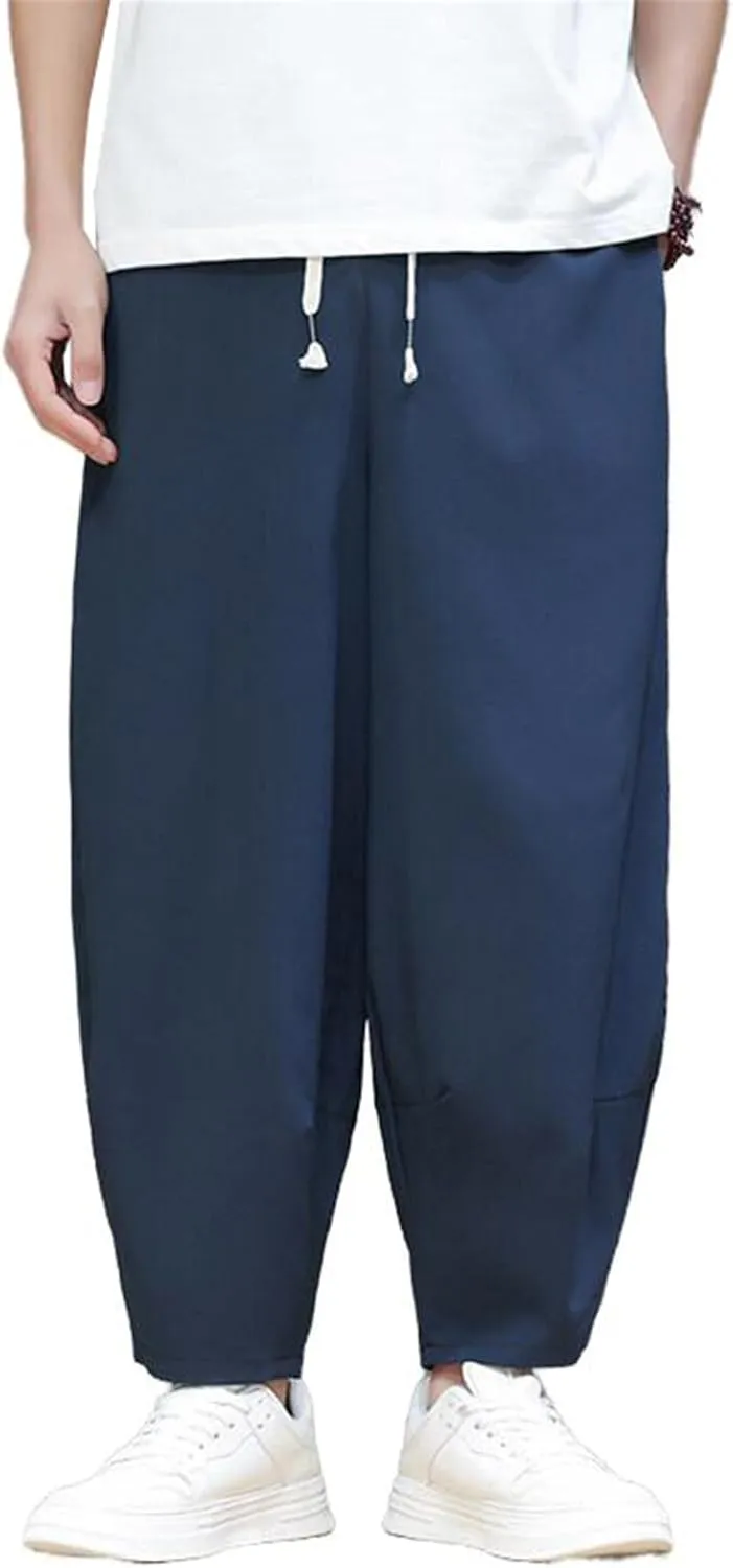 Men's Pants Summer Ice Silk Capri Cropped Harem Loose Fit Chinese Style Sports Casual Elastic Waist Trouser