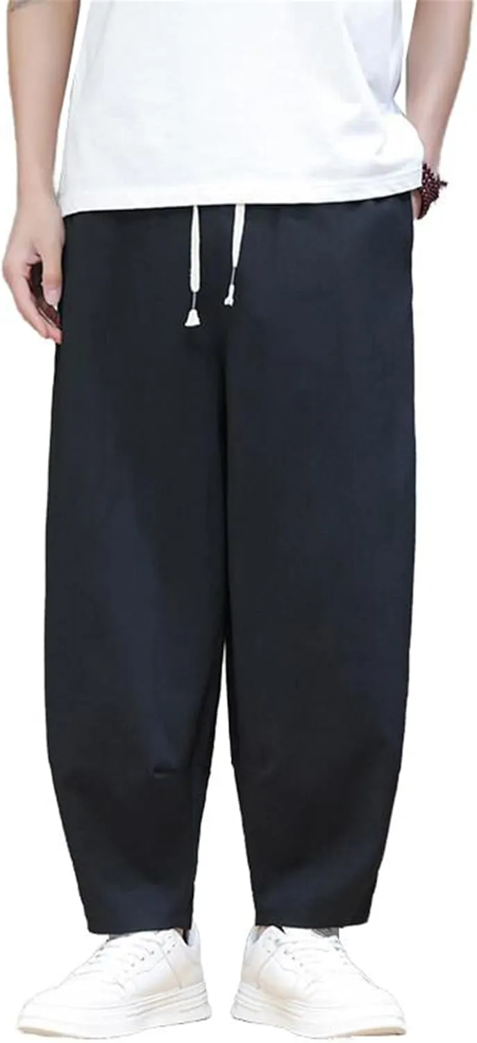 Men's Pants Summer Ice Silk Capri Cropped Harem Loose Fit Chinese Style Sports Casual Elastic Waist Trouser