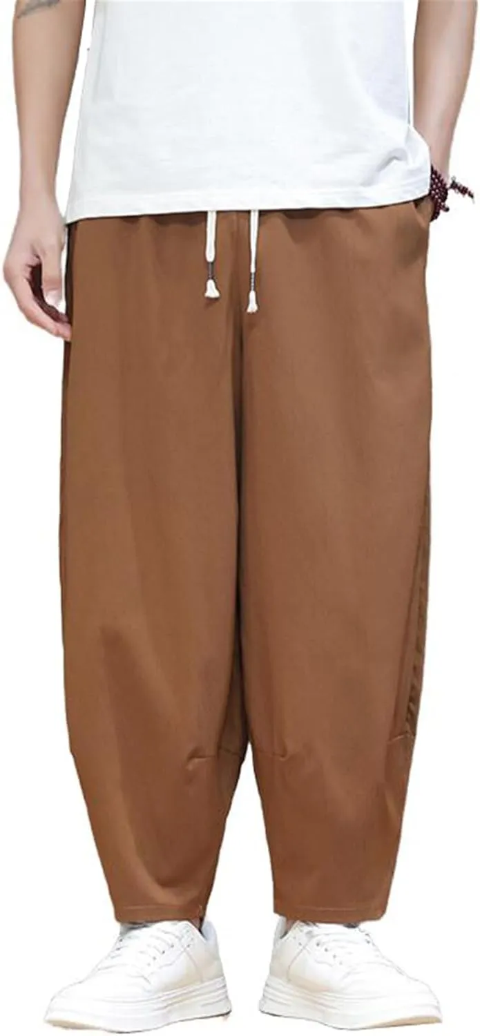 Men's Pants Summer Ice Silk Capri Cropped Harem Loose Fit Chinese Style Sports Casual Elastic Waist Trouser