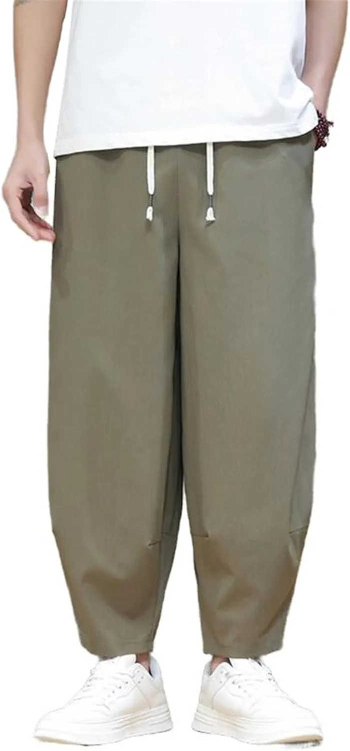 Men's Pants Summer Ice Silk Capri Cropped Harem Loose Fit Chinese Style Sports Casual Elastic Waist Trouser
