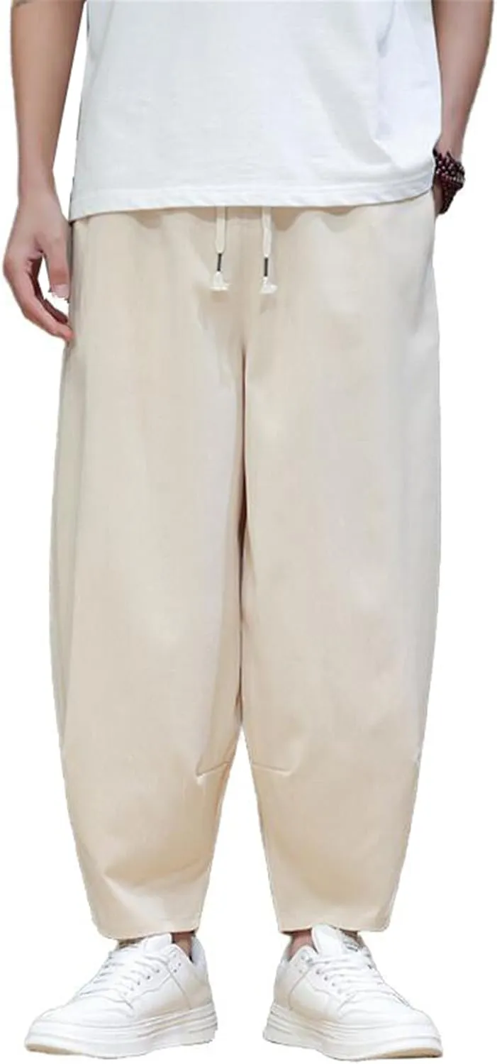 Men's Pants Summer Ice Silk Capri Cropped Harem Loose Fit Chinese Style Sports Casual Elastic Waist Trouser