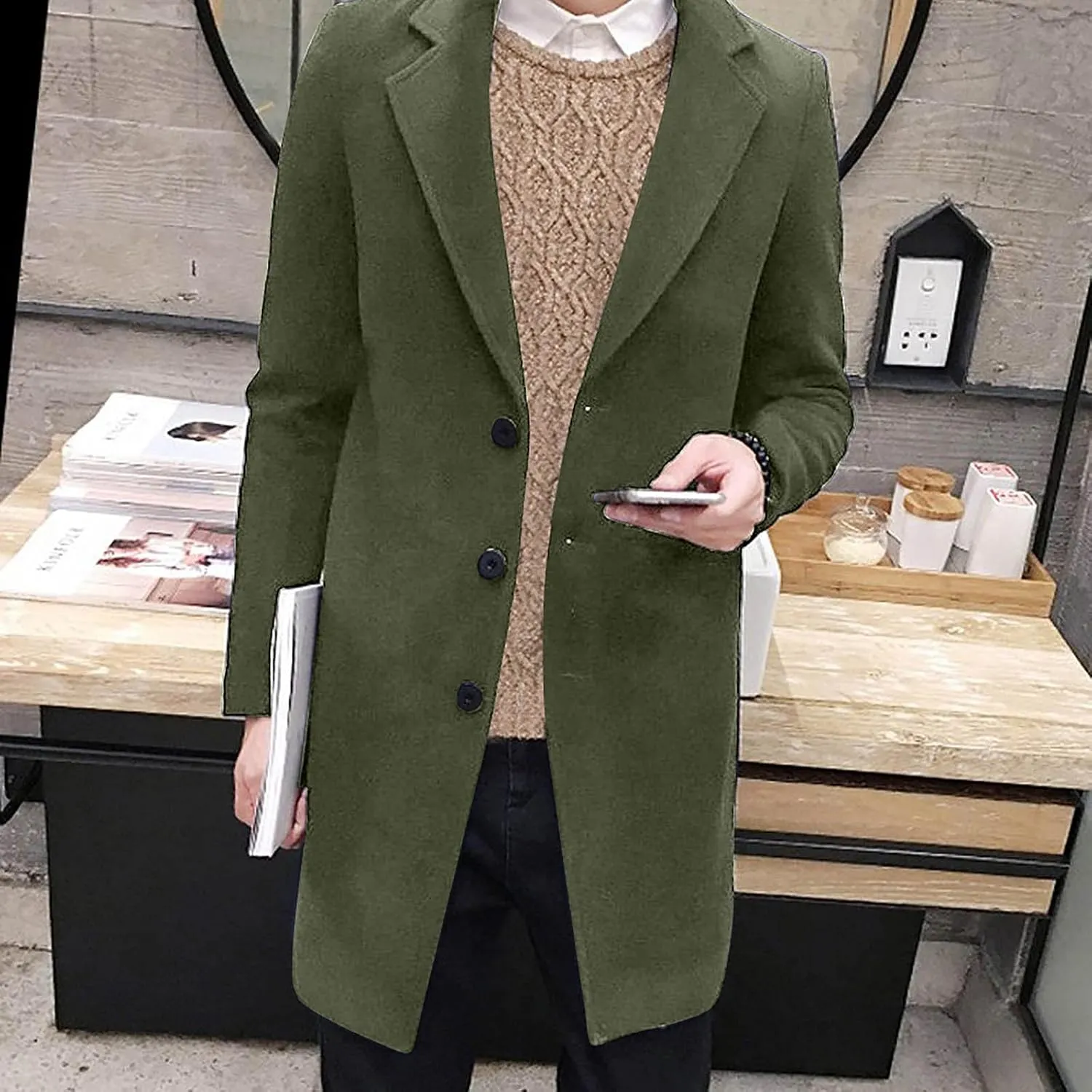 Men's Peacoat Casual Long Trench Coat Single Breasted Pea Regular Fit Warm Winter Overcoat Work Dress Jacket, M-5XL