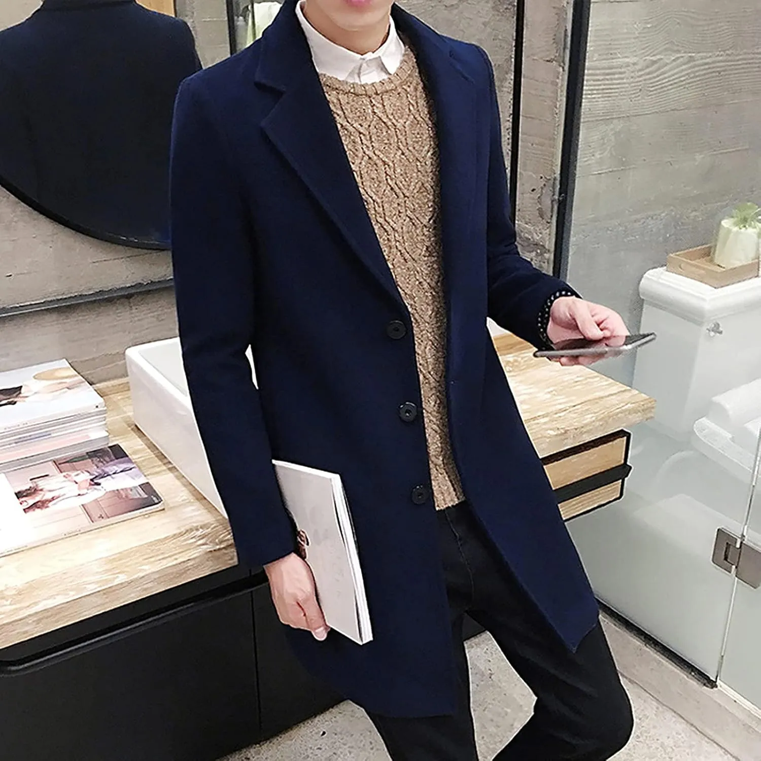 Men's Peacoat Casual Long Trench Coat Single Breasted Pea Regular Fit Warm Winter Overcoat Work Dress Jacket, M-5XL