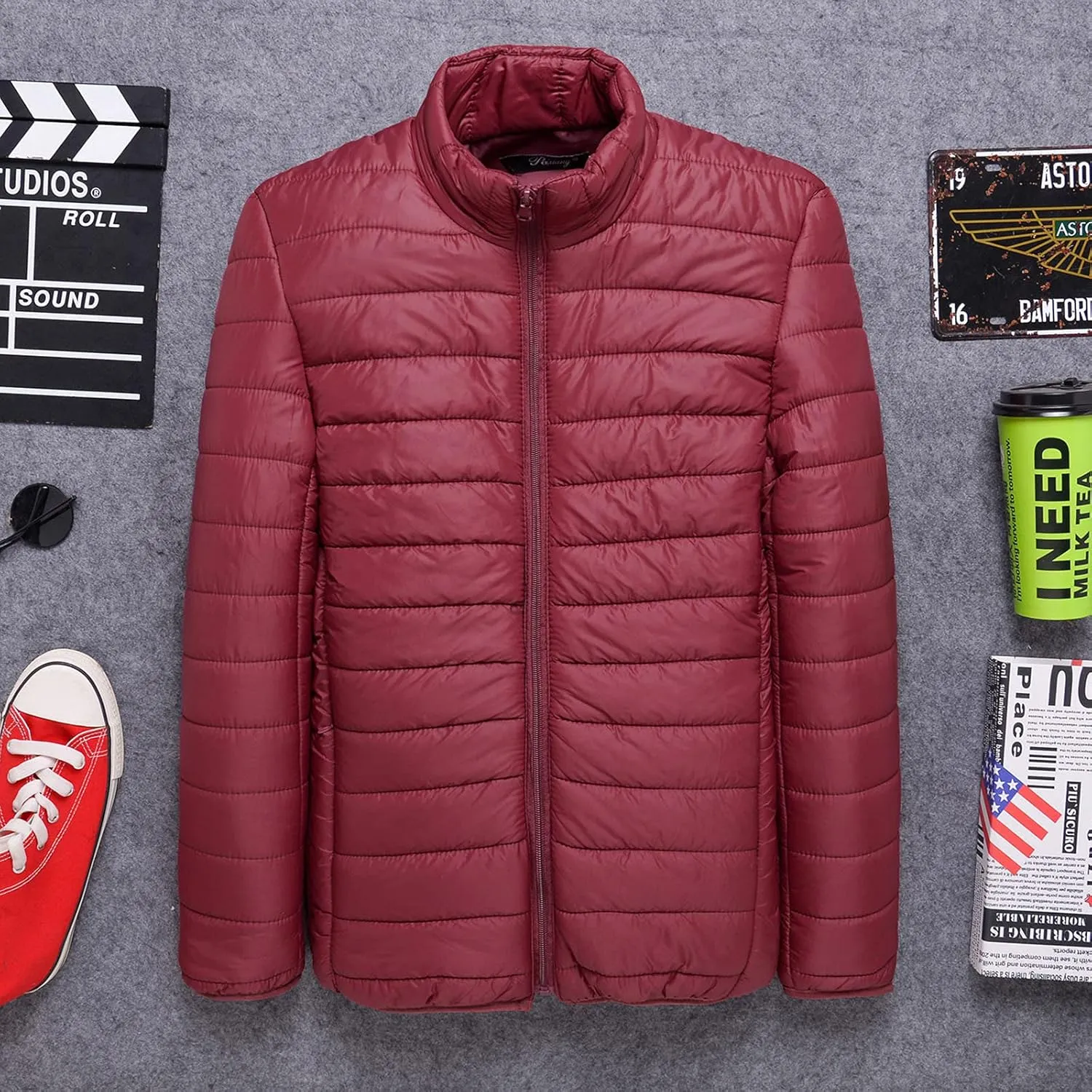 Men's Puffer Jacket Lightweight Packable Down Coat Stand Collar Quilted Jacket Plus Size Warm Casual Winter Jacket