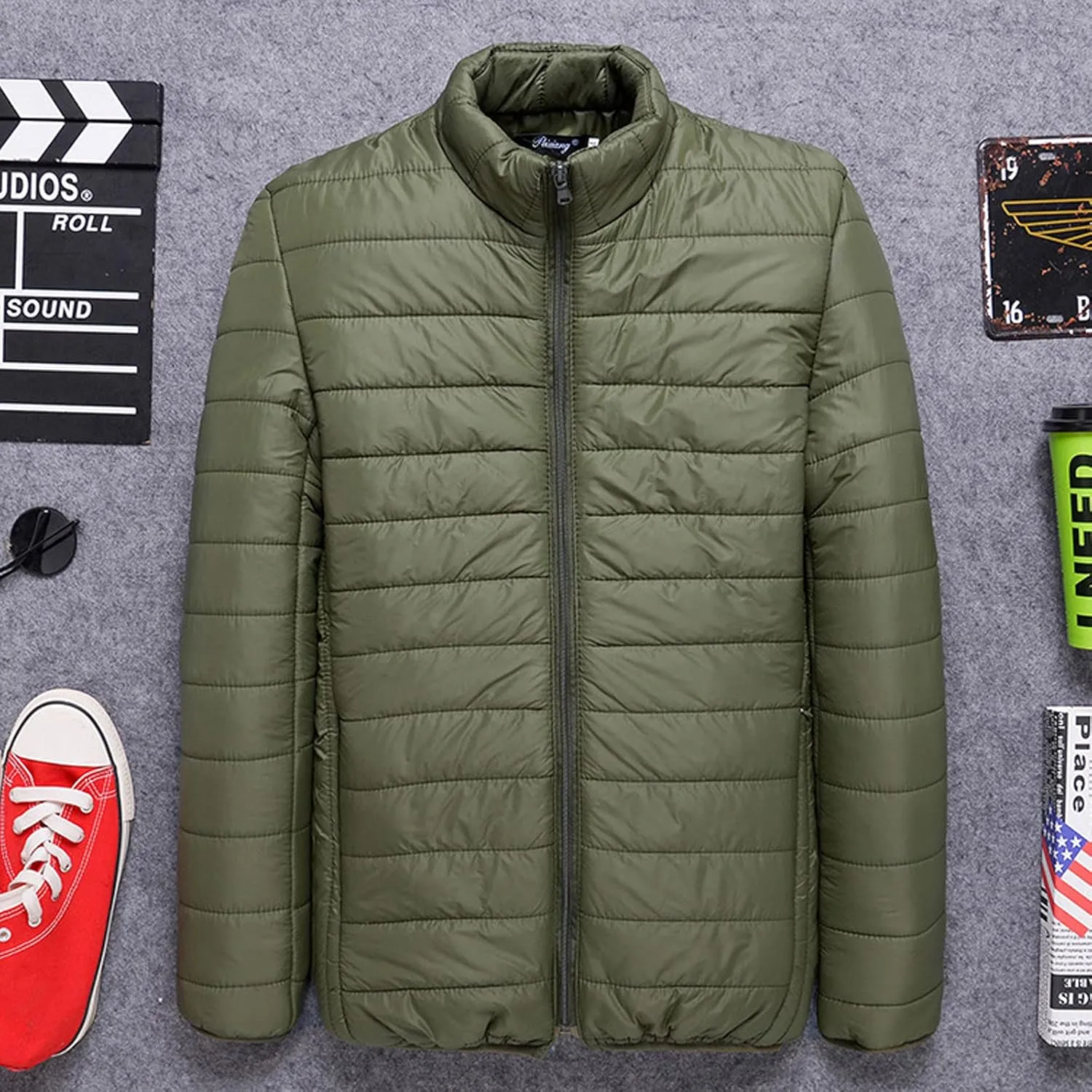 Men's Puffer Jacket Lightweight Packable Down Coat Stand Collar Quilted Jacket Plus Size Warm Casual Winter Jacket