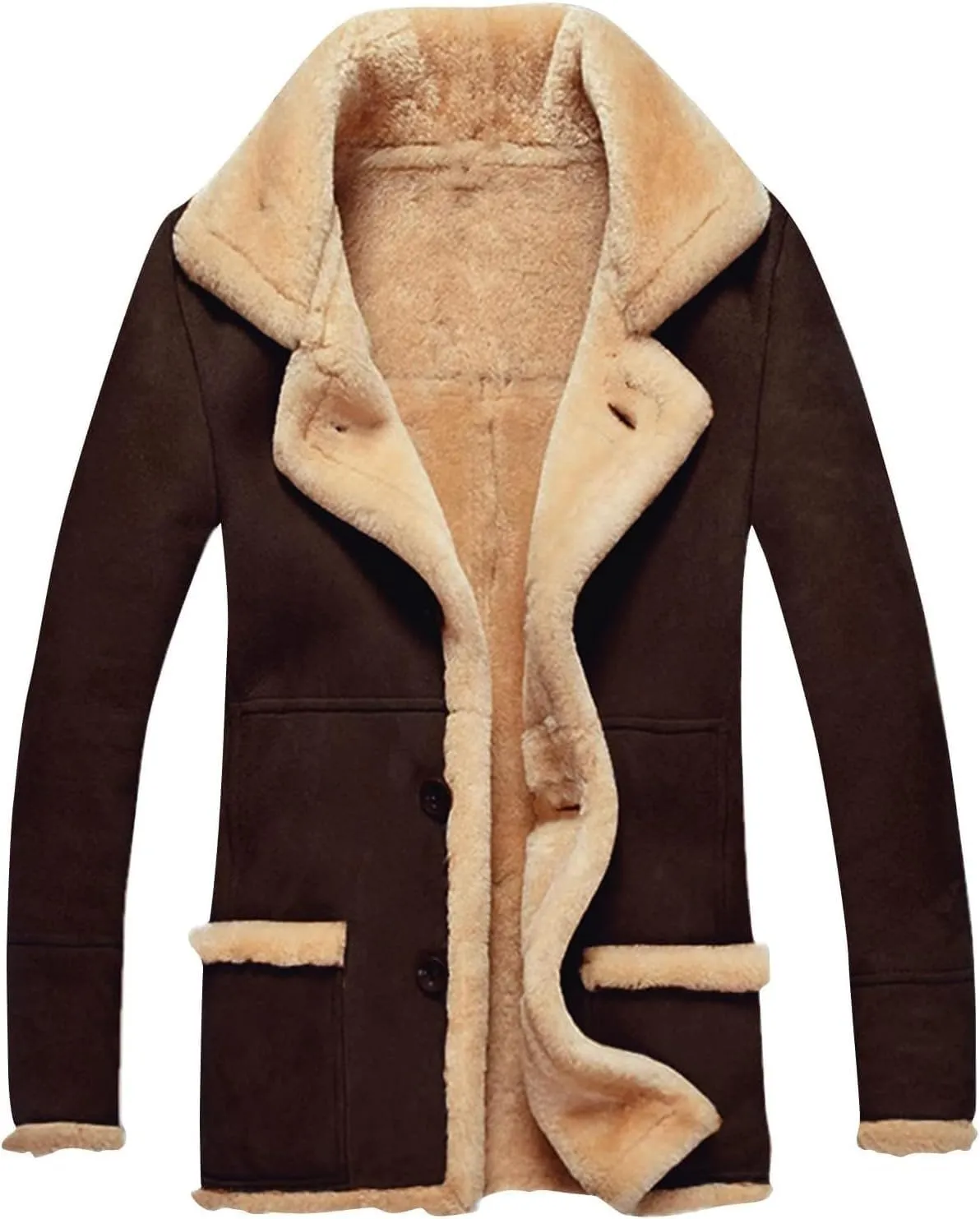 Men's Sherpa-Lined Trench Coat Winter Long Pea Coat Warm Wool Blend Overcoat with Pockets