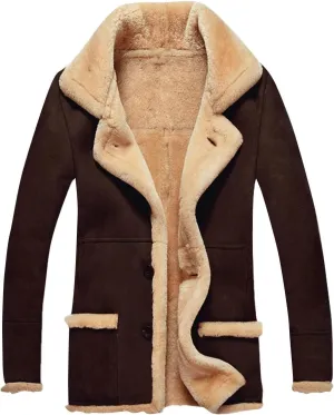 Men's Sherpa-Lined Trench Coat Winter Long Pea Coat Warm Wool Blend Overcoat with Pockets