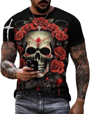 Mens Skull T-Shirts Slim Fit Qucik Dry Short Sleeve 3D Skull Graphic Print Summer Streetwear Tees