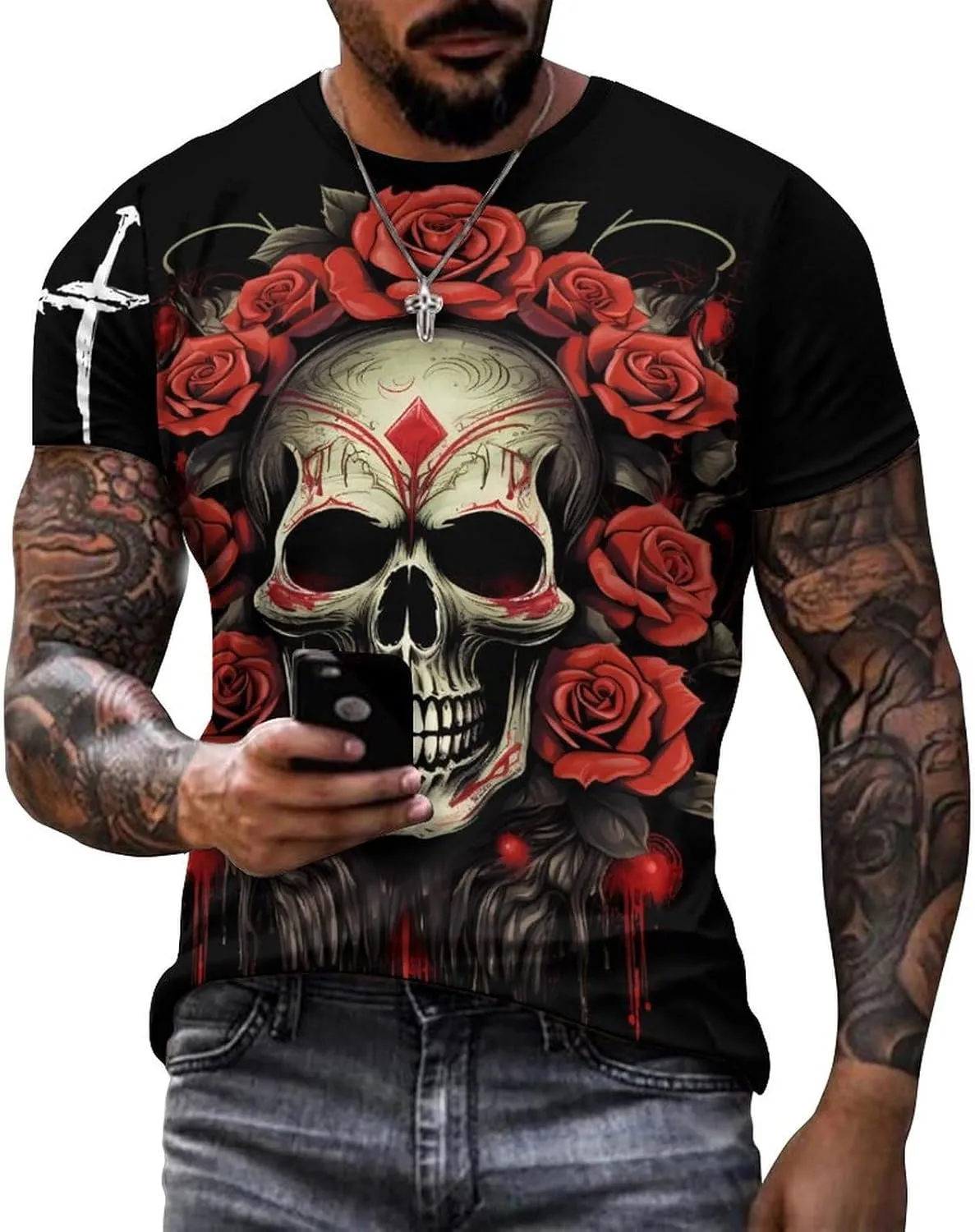 Mens Skull T-Shirts Slim Fit Qucik Dry Short Sleeve 3D Skull Graphic Print Summer Streetwear Tees