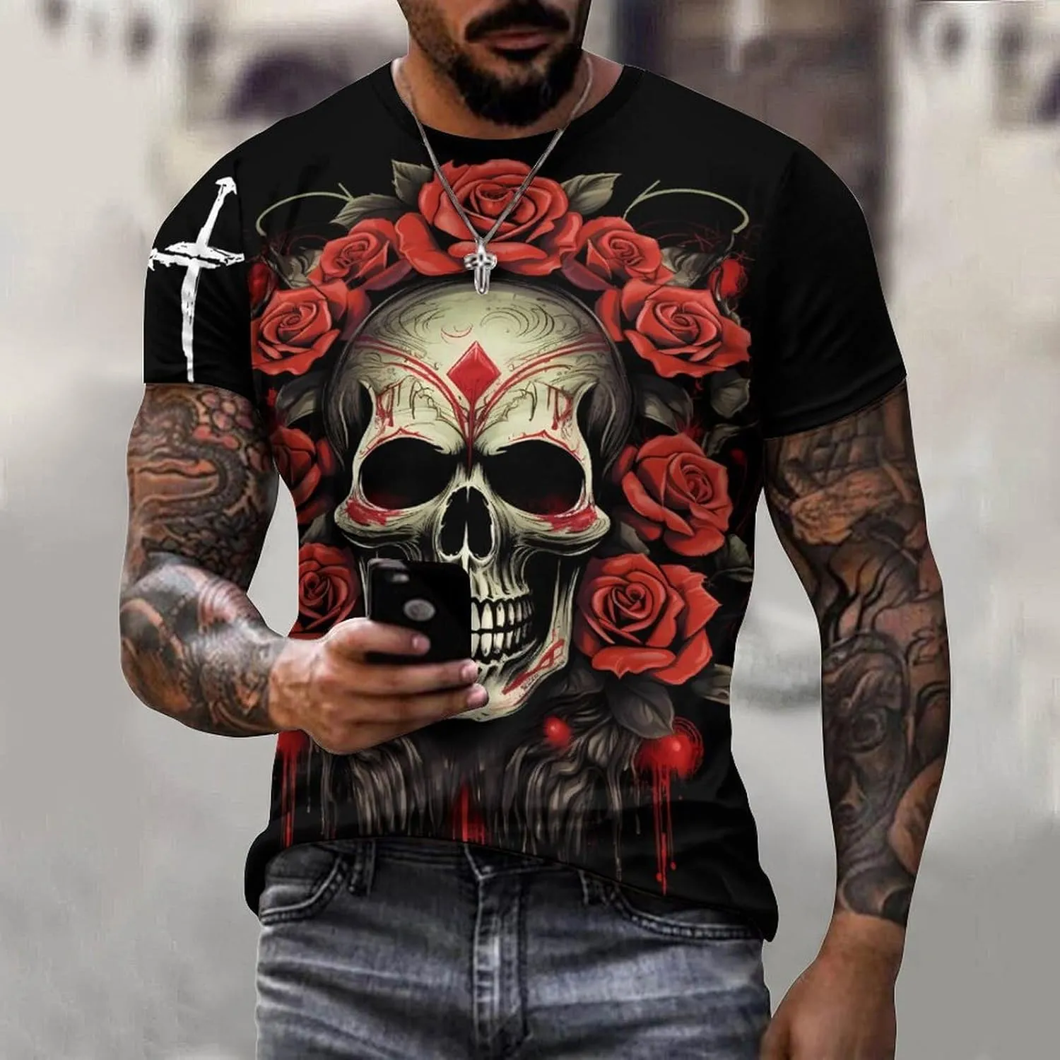 Mens Skull T-Shirts Slim Fit Qucik Dry Short Sleeve 3D Skull Graphic Print Summer Streetwear Tees