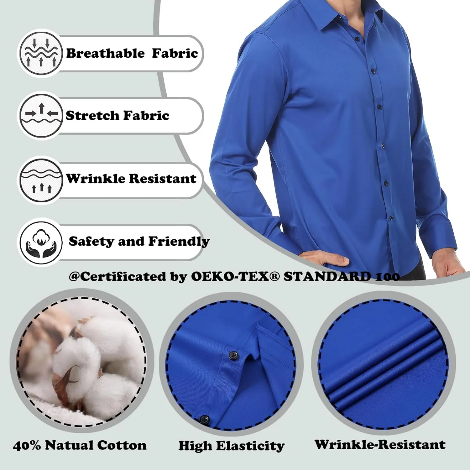 Mens Stretch Button Down Shirt Regular Fit Casual and Business Wrinkle-Resistant Dress Shirts for Men