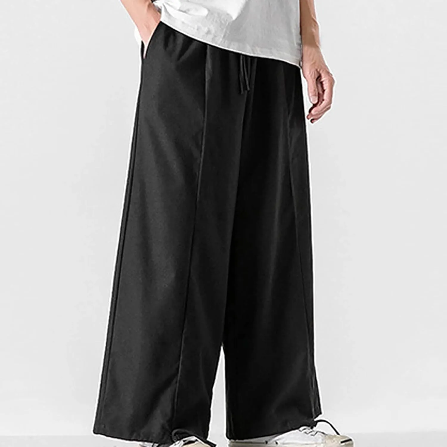 Mens Summer Linen Cotton Harem Pants Wide Leg Baggy Drawstring Bloomers Fashion Straight Leg Japanese Style Casual Trousers