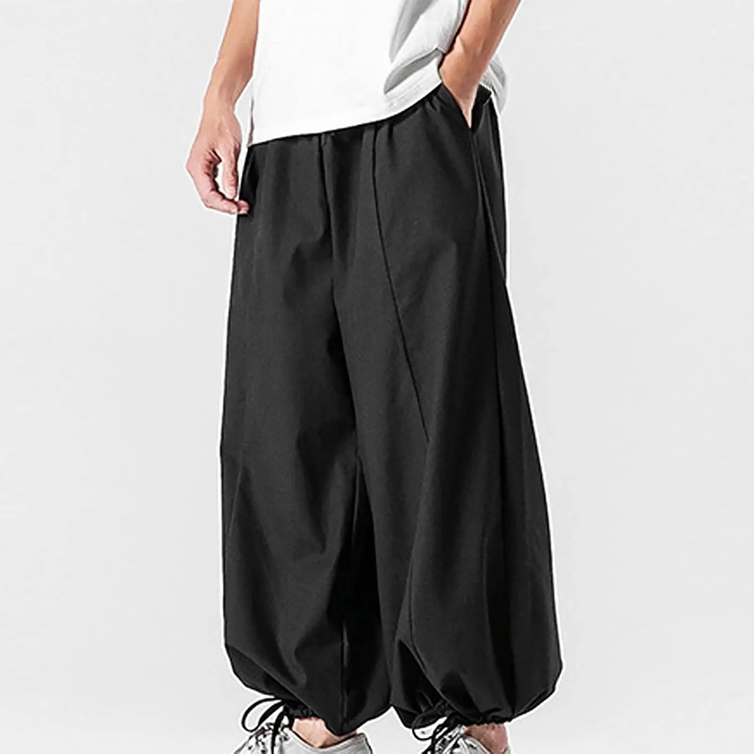Mens Summer Linen Cotton Harem Pants Wide Leg Baggy Drawstring Bloomers Fashion Straight Leg Japanese Style Casual Trousers