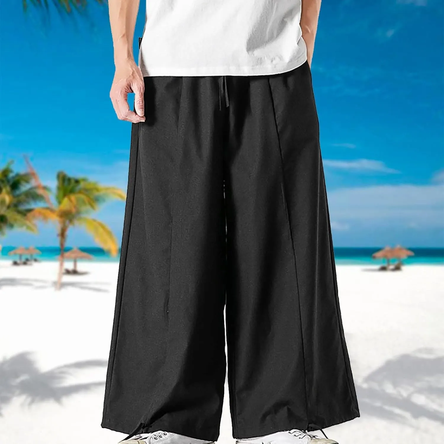 Mens Summer Linen Cotton Harem Pants Wide Leg Baggy Drawstring Bloomers Fashion Straight Leg Japanese Style Casual Trousers