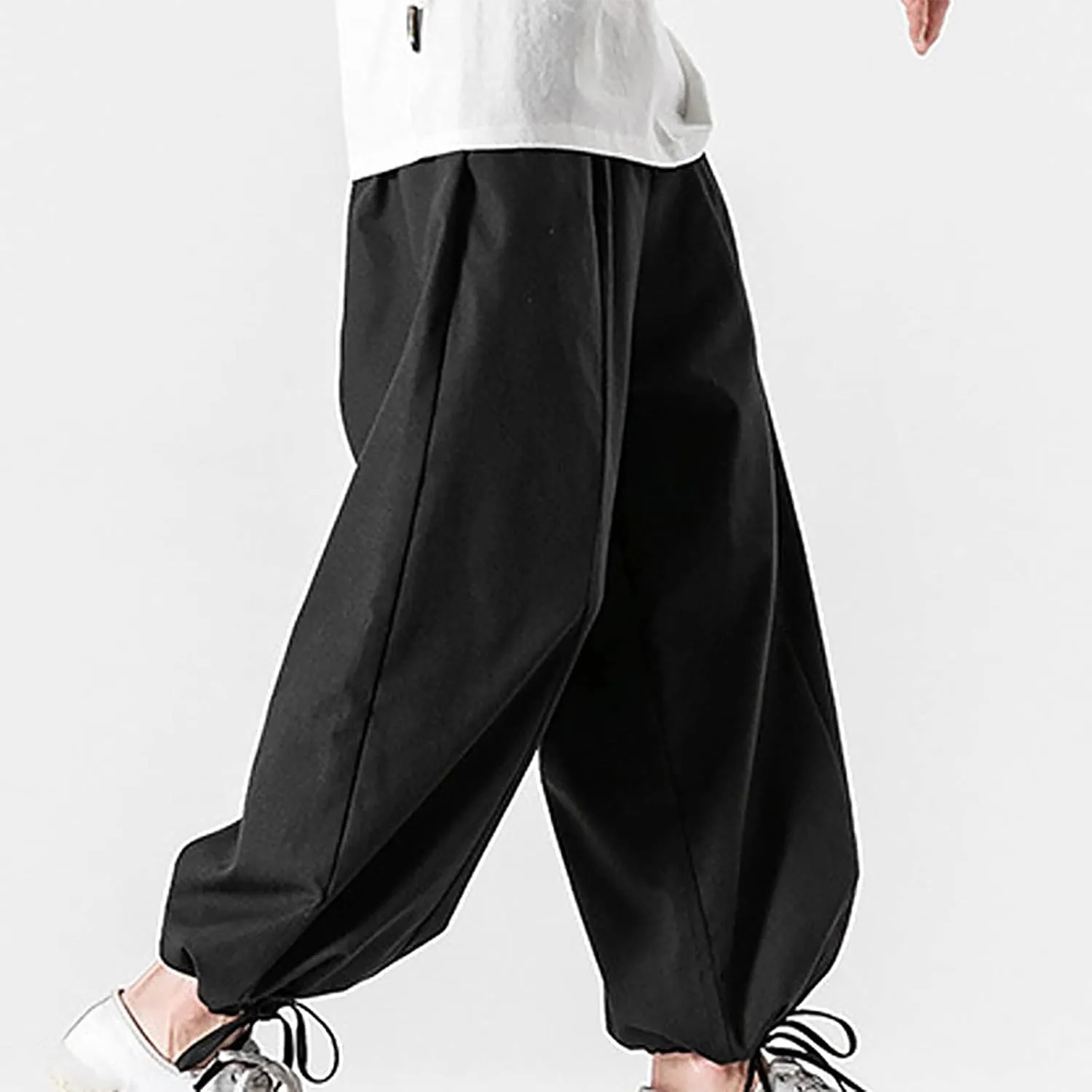 Mens Summer Linen Cotton Harem Pants Wide Leg Baggy Drawstring Bloomers Fashion Straight Leg Japanese Style Casual Trousers